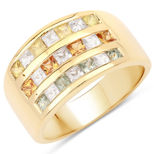 Ring, yellow gold tone with three rows of multicolor sapphires; Bids.com on Tampa Home & Garden Store