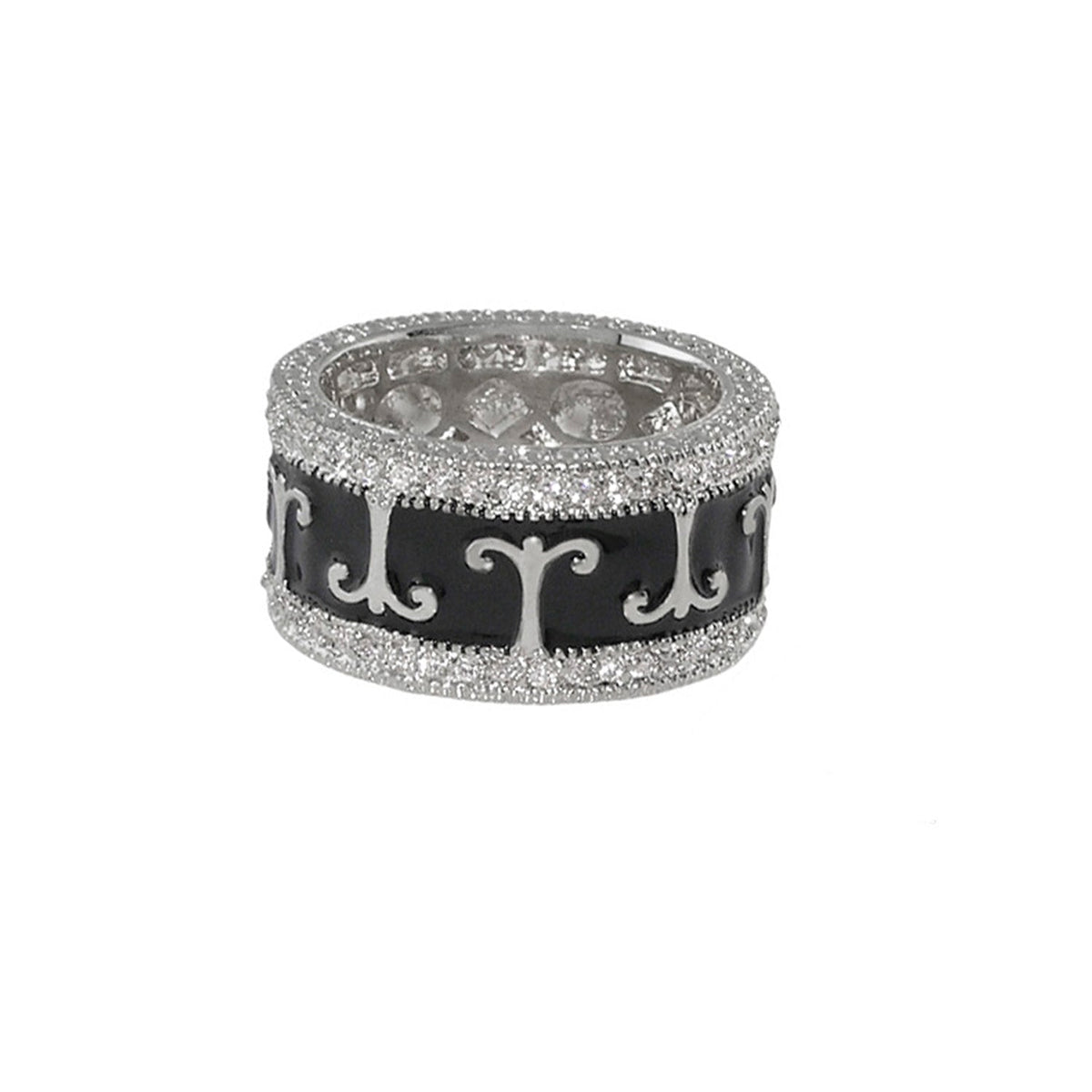 Band ring with black enamel center, silver scrollwork, pavé-edge diamonds, Lauren G Adams on Tampa Home & Garden Store
