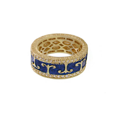 Renaissance Style Ring pavé edge scroll band with blue enamel and gold filigree by Lauren Adams on Tampa Home & Garden Store