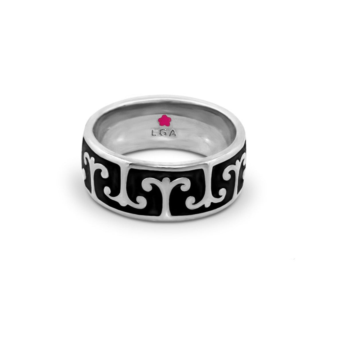 Renaissance Style Ring - Scroll Band by Lauren G Adams, silver-tone with black enamel scroll pattern on Tampa Home & Garden Store