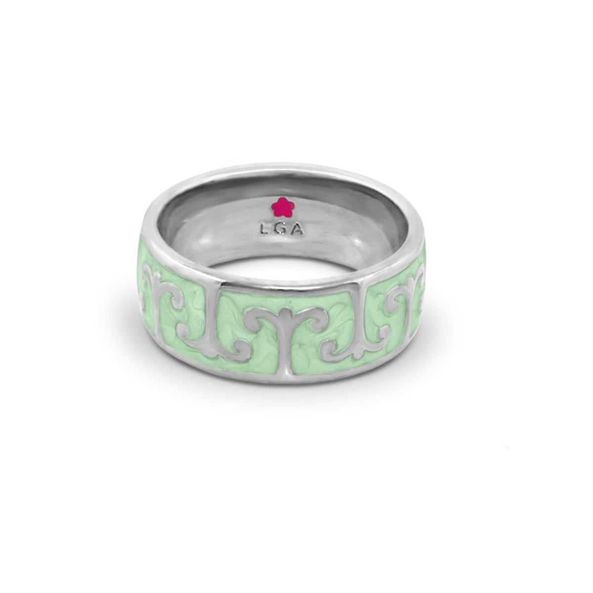 Renaissance Style Ring — Scroll Band, mint-green enamel on silver with scrollwork and LGA stamp on Tampa Home & Garden Store
