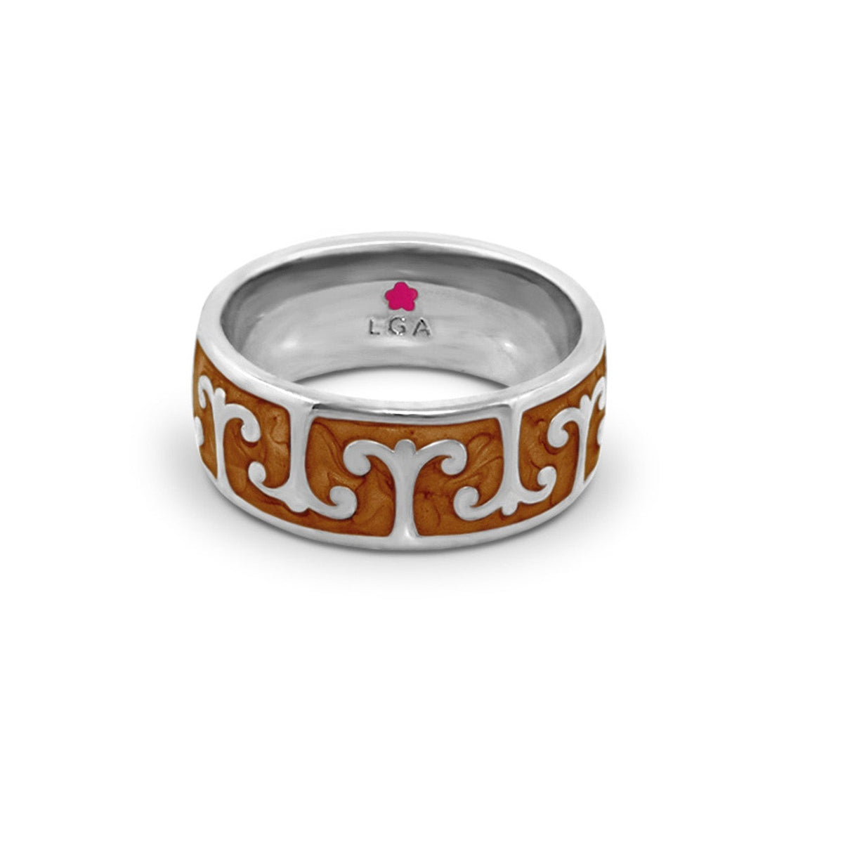 Renaissance Style Ring — Scroll Band by LGA, silver band with brown enamel panels and scrolls on Tampa Home & Garden Store