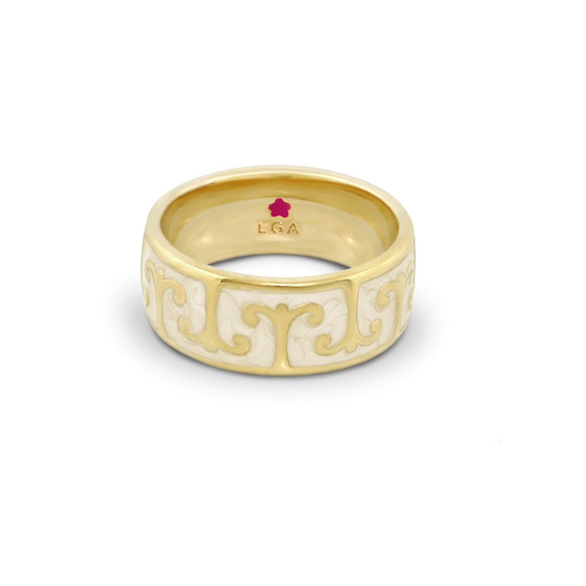 Renaissance Style Ring — Scroll Band, two-tone gold with white enamel scrollwork, LGA mark on Tampa Home & Garden Store