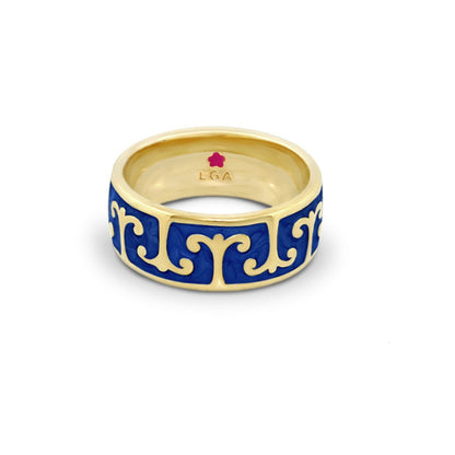 Renaissance Style Ring Scroll Band by Lauren G Adams, gold band with blue enamel scrollwork on Tampa Home & Garden Store