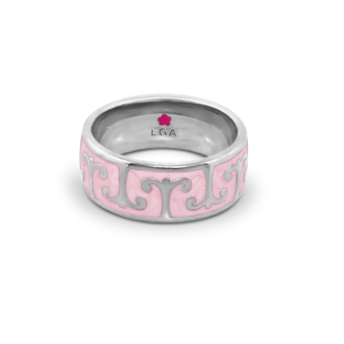Renaissance Style Ring — Scroll Band pink enamel panels with silver scrollwork LGA stamp on Tampa Home & Garden Store