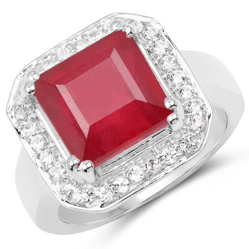 Ring 6.36 Carat glass-filled ruby with white topaz halo in sterling silver Bids.com on Tampa Home & Garden Store
