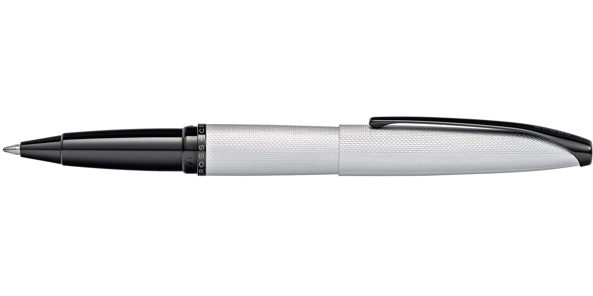 ATX Brushed Chrome Rollerball Pen by A.T. Cross with black cap and textured silver barrel on Tampa Home & Garden Store