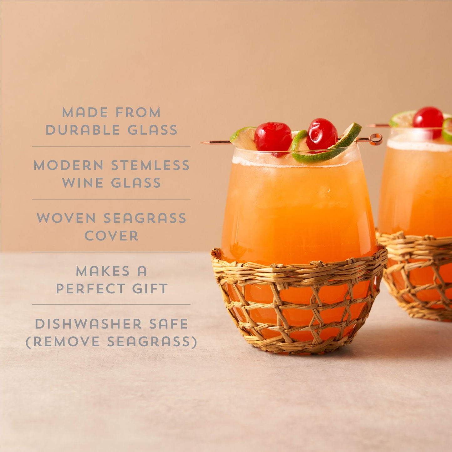 Set of Two Coastal and Stemless Wine Glasses