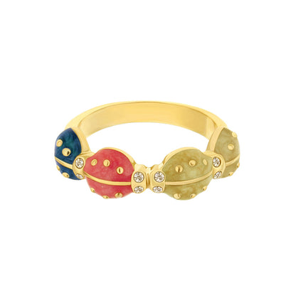 Lady Poof Ring gold stackable with four enamel beads in blue pink green and bow center studs on Tampa Home & Garden Store
