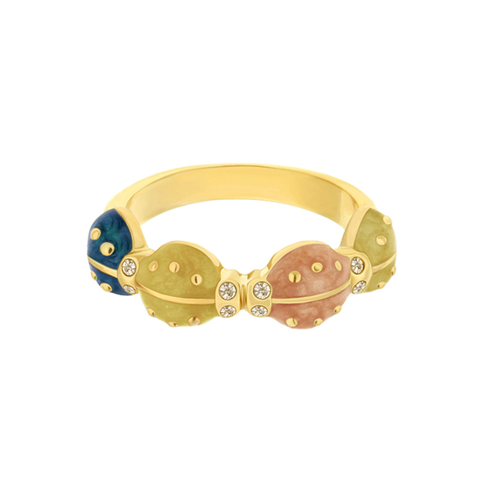 Lady Poof Ring, gold-tone stackable ring with pastel enamel bows in blue pink green on Tampa Home & Garden Store