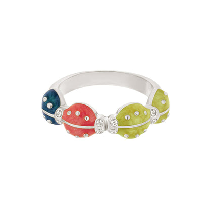 Lady Poof Ring stackable ring by Lauren G Adams with four colorful bead spheres blue, coral, lime, yellow on a silver band on Tampa Home & Garden Store