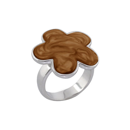 Daisy flower cocktail ring in a silver band with brown marbled enamel bloom on Tampa Home & Garden Store