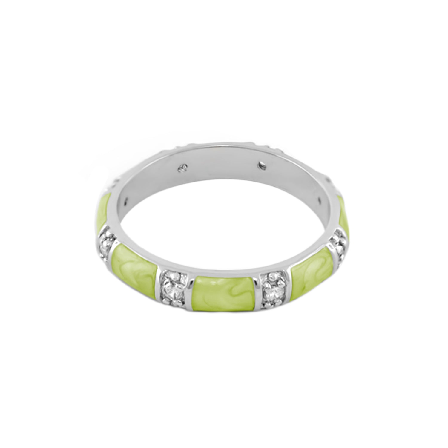 Stackable Santa Barbara Ring with lime green enamel segments and crystal accents, silver band on Tampa Home & Garden Store