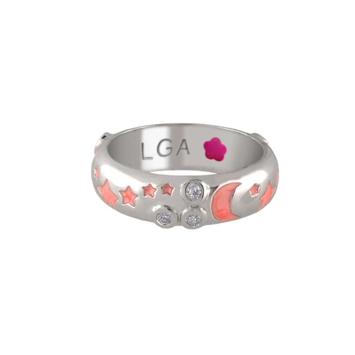 Stars of Night Stackable Ring — Domed silver band with pink enamel stars; LGA engraving inside on Tampa Home & Garden Store