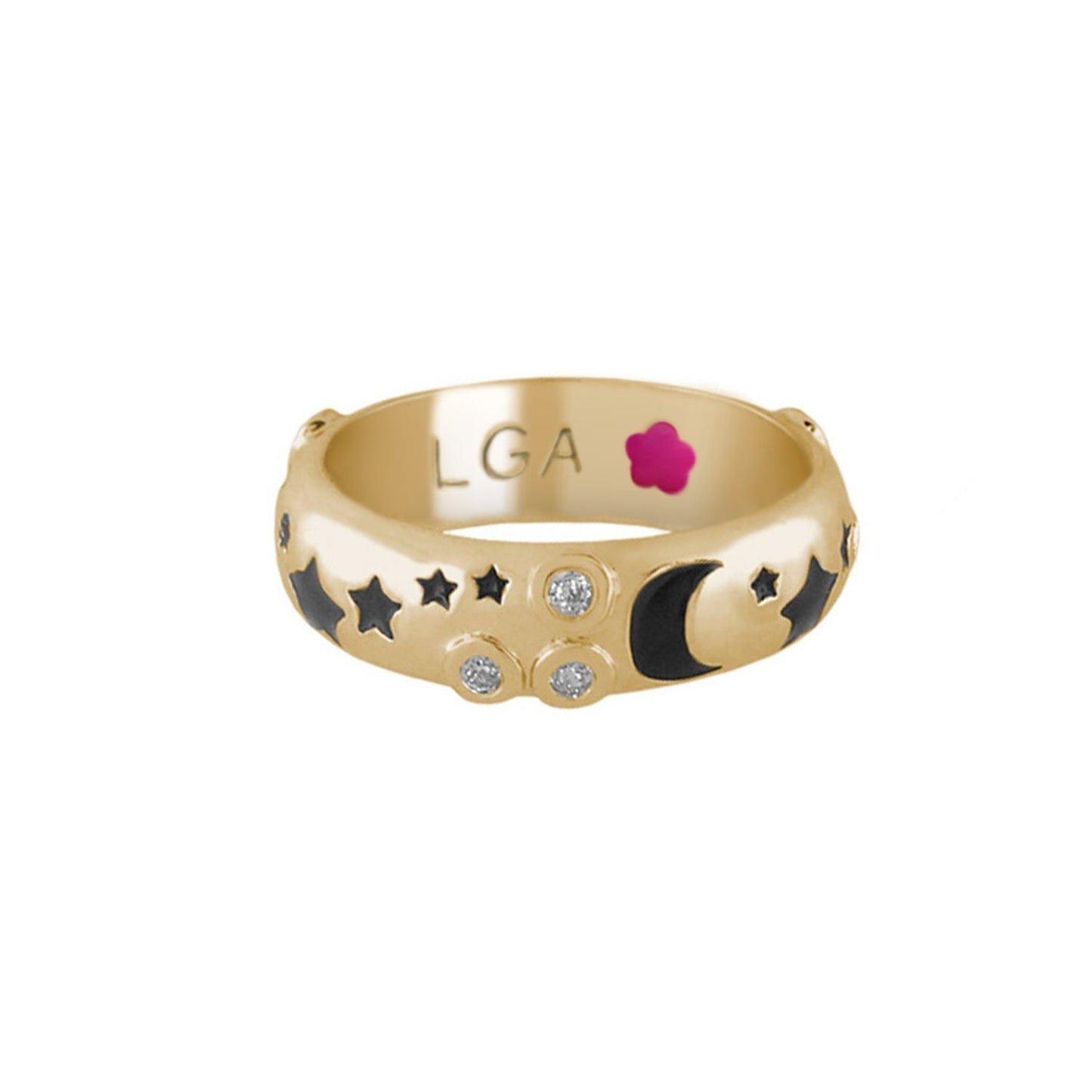 Stars of Night Stackable Ring by Lauren G Adams, gold domed band with black star and moon cutouts and crystal accents on Tampa Home & Garden Store