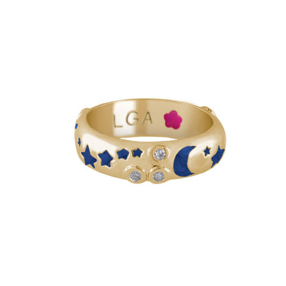 Stars of Night Stackable Ring domed gold band with blue stars and moons LGA engraving on Tampa Home & Garden Store