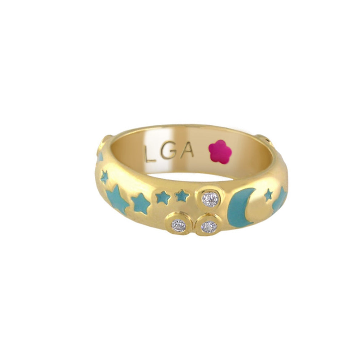 Stars of Night Stackable Ring domed gold band with blue stars, crescent moons and diamonds by Lauren G Adams on Tampa Home & Garden Store