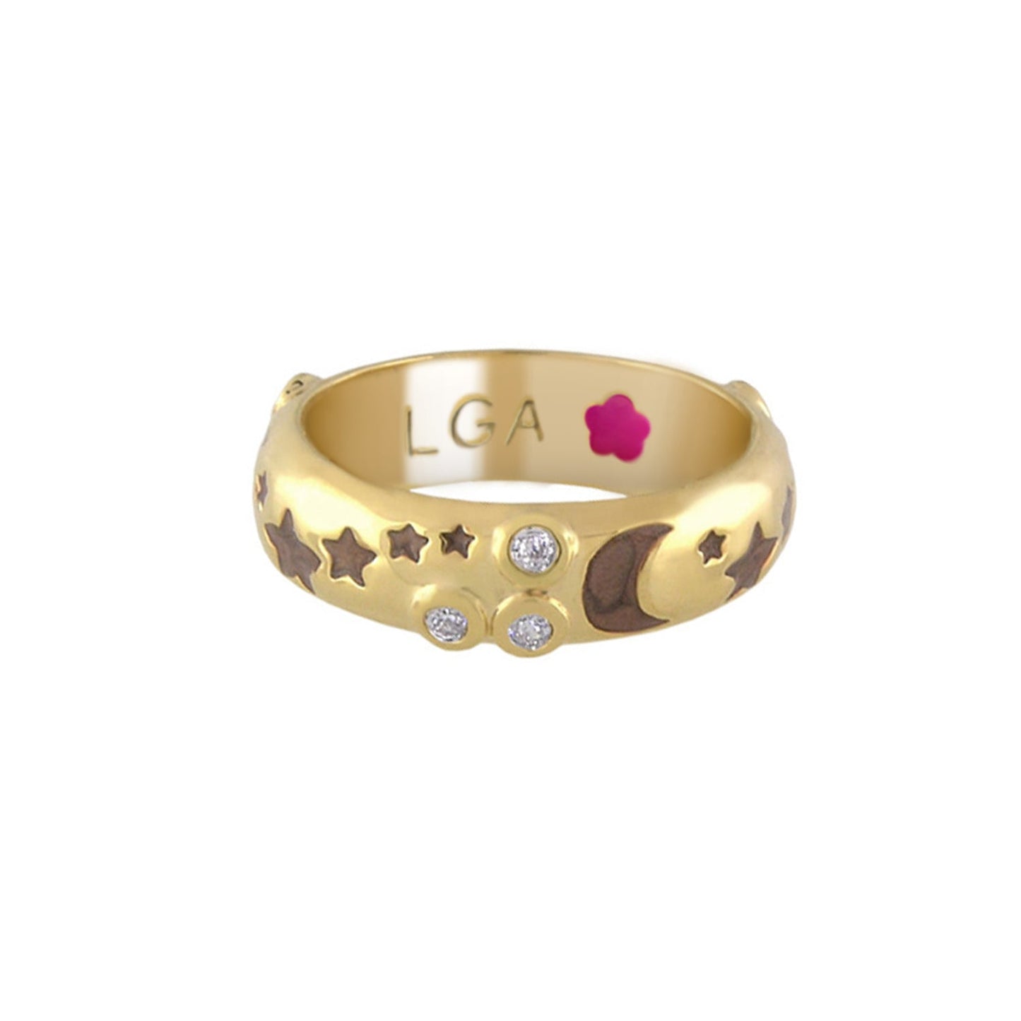 Stars of Night stackable ring by Lauren G Adams in gold with star and moon motifs, LGA engraving inside on Tampa Home & Garden Store