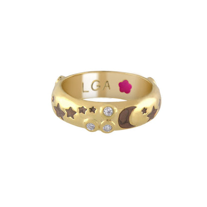 Stars of Night stackable ring by Lauren G Adams in gold with star and moon motifs, LGA engraving inside on Tampa Home & Garden Store