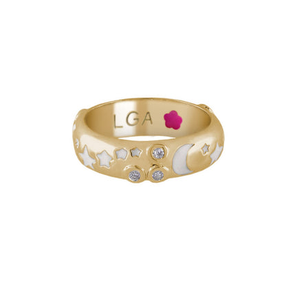 Lauren G Adams Stars of Night Ring gold domed band with white enamel stars and moon LGA inside on Tampa Home & Garden Store