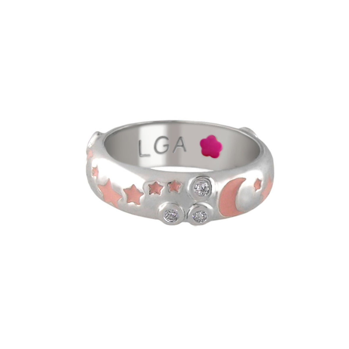 Stars of Night Stackable Ring with domed silver band, moon and star accents, LGA interior on Tampa Home & Garden Store
