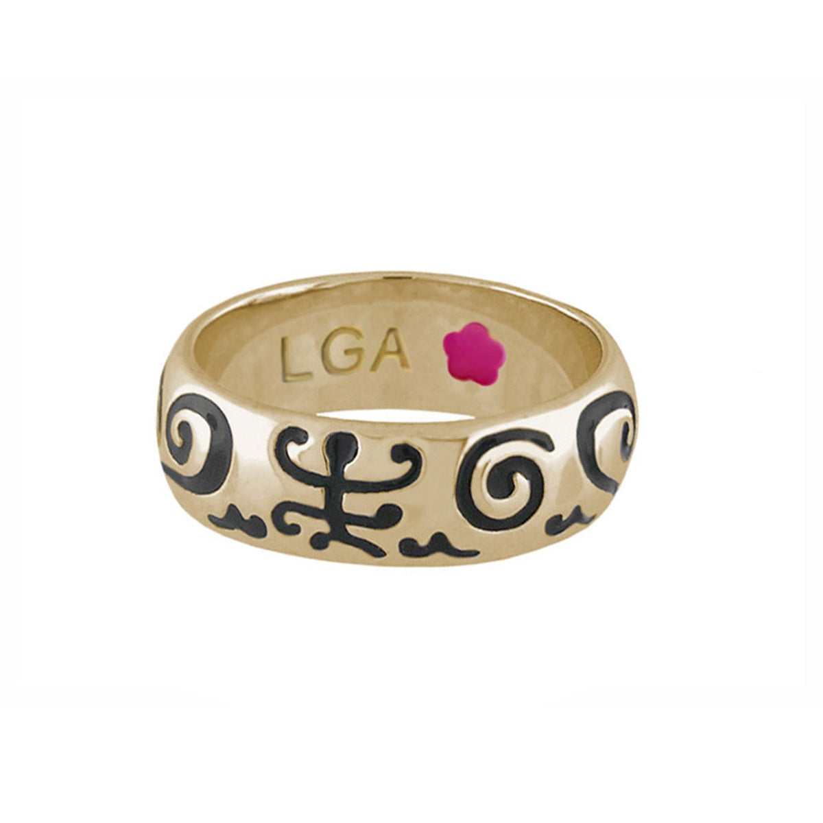 Good Karma Band Ring gold-tone with black scrollwork, inner LGA engraving and pink flower mark on Tampa Home & Garden Store