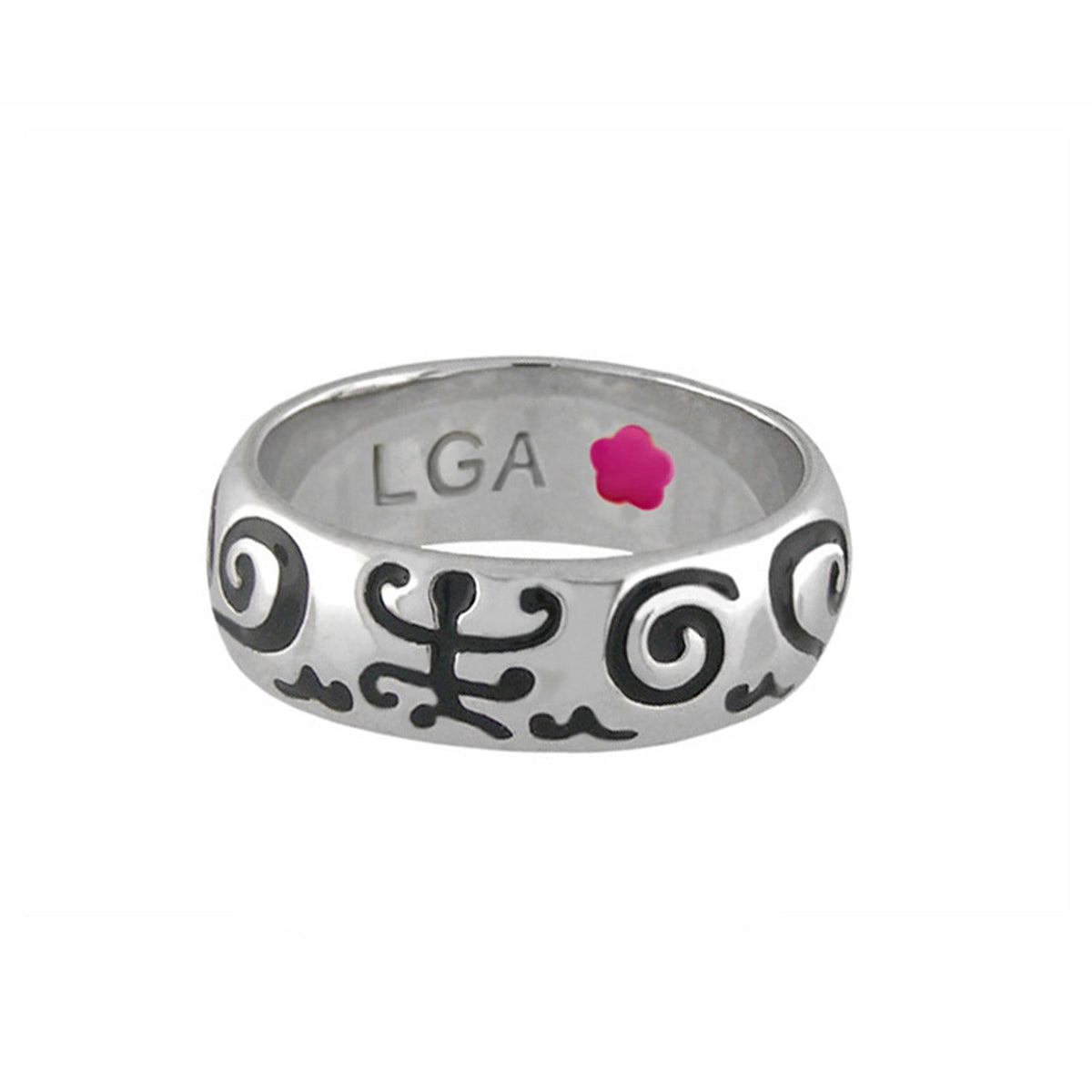 Good Karma Band Ring - hand-poured scroll, silver band with black engraving and LGA stamp on Tampa Home & Garden Store