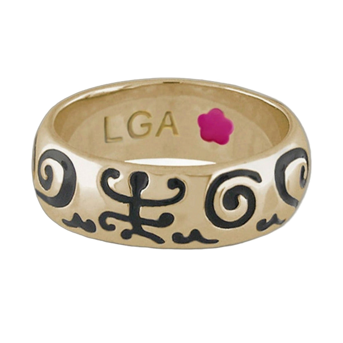 Good Karma Band Ring Hand-Poured Scroll by Lauren G Adams, gold-tone band with black script on Tampa Home & Garden Store