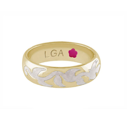 Daisy Swirl Band Ring by LGA, gold two-tone stackable ring with floral swirl motif on Tampa Home & Garden Store