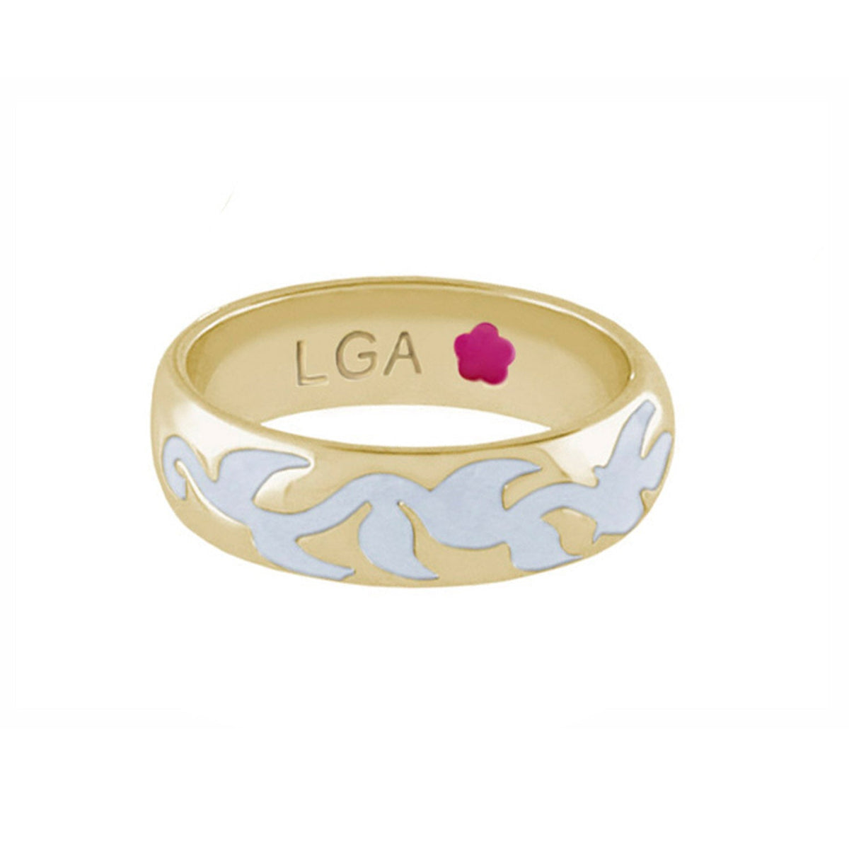 Daisy Swirl Band Ring by Lauren G Adams; gold ring with blue enamel swirl and pink flower logo. on Tampa Home & Garden Store