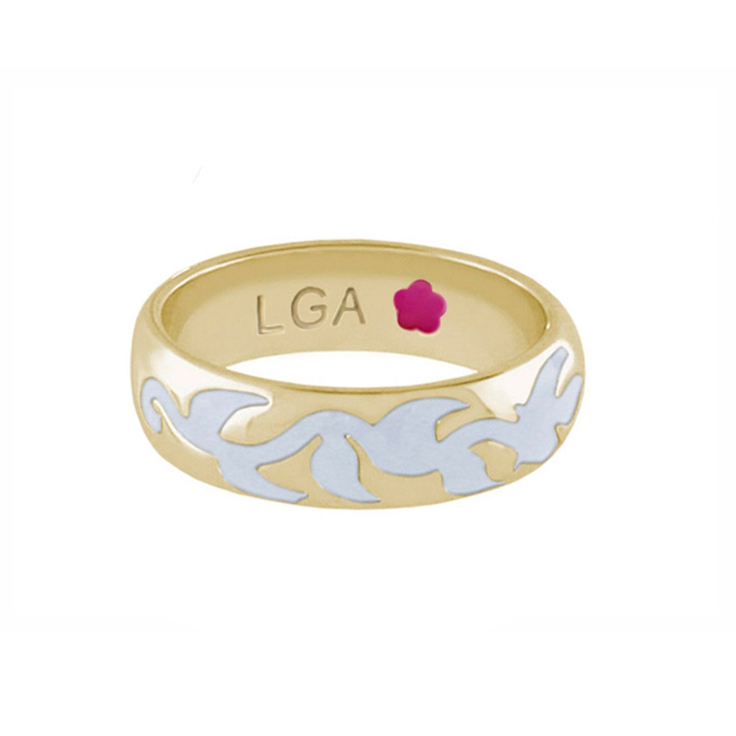 Daisy Swirl Band Ring by Lauren G Adams; gold ring with blue enamel swirl and pink flower logo. on Tampa Home & Garden Store