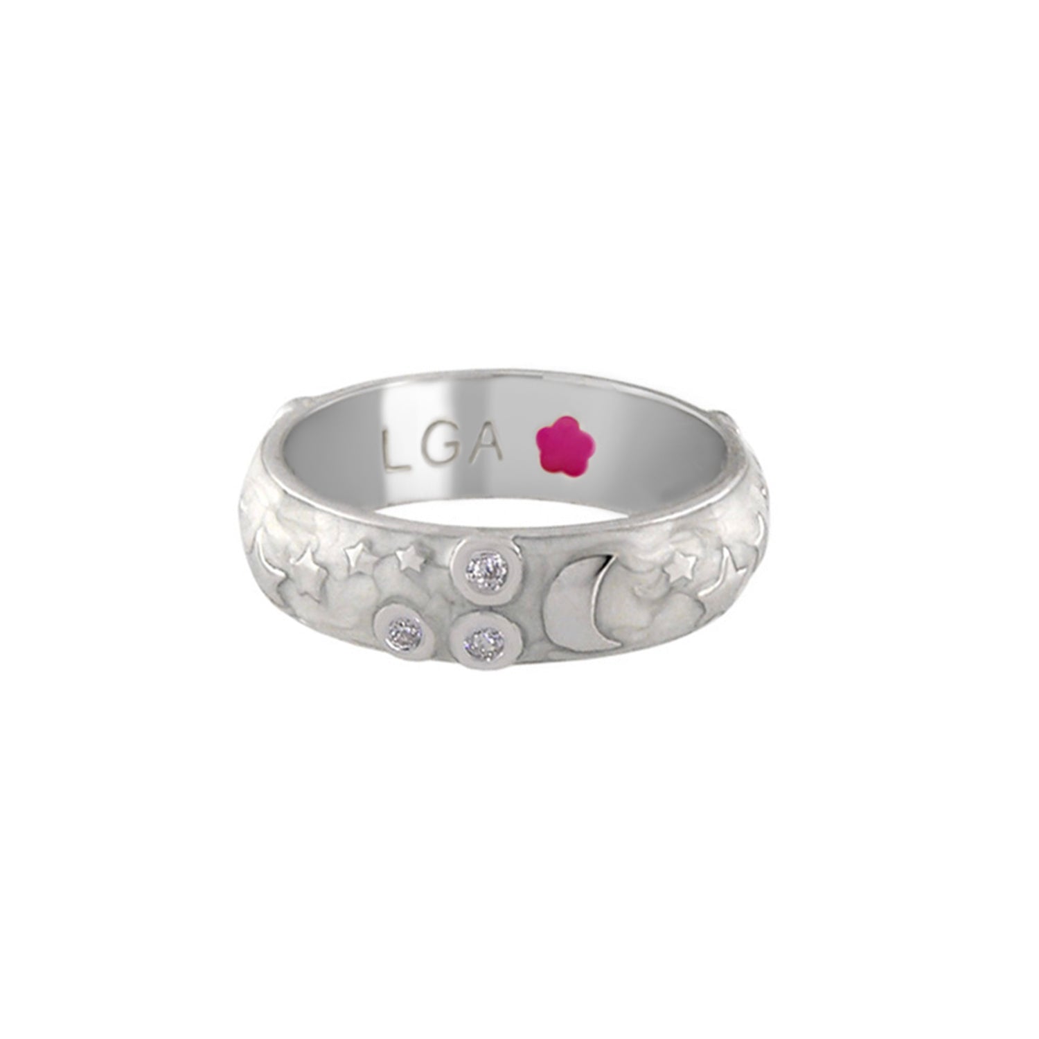 Stars of Night Stackable Ring — Wide enamel band in silver with moon and star motifs, LGA inside on Tampa Home & Garden Store