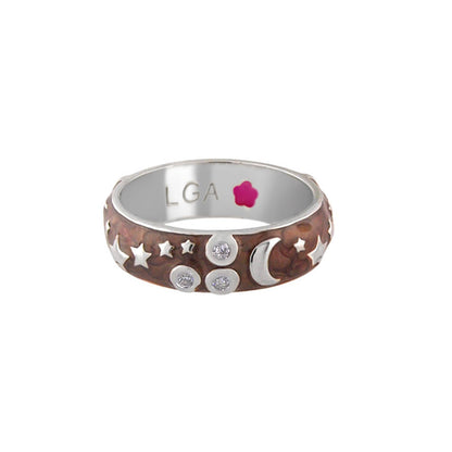 Stars of Night Stackable Ring Brown enamel band with silver stars and moon LGA inside on Tampa Home & Garden Store