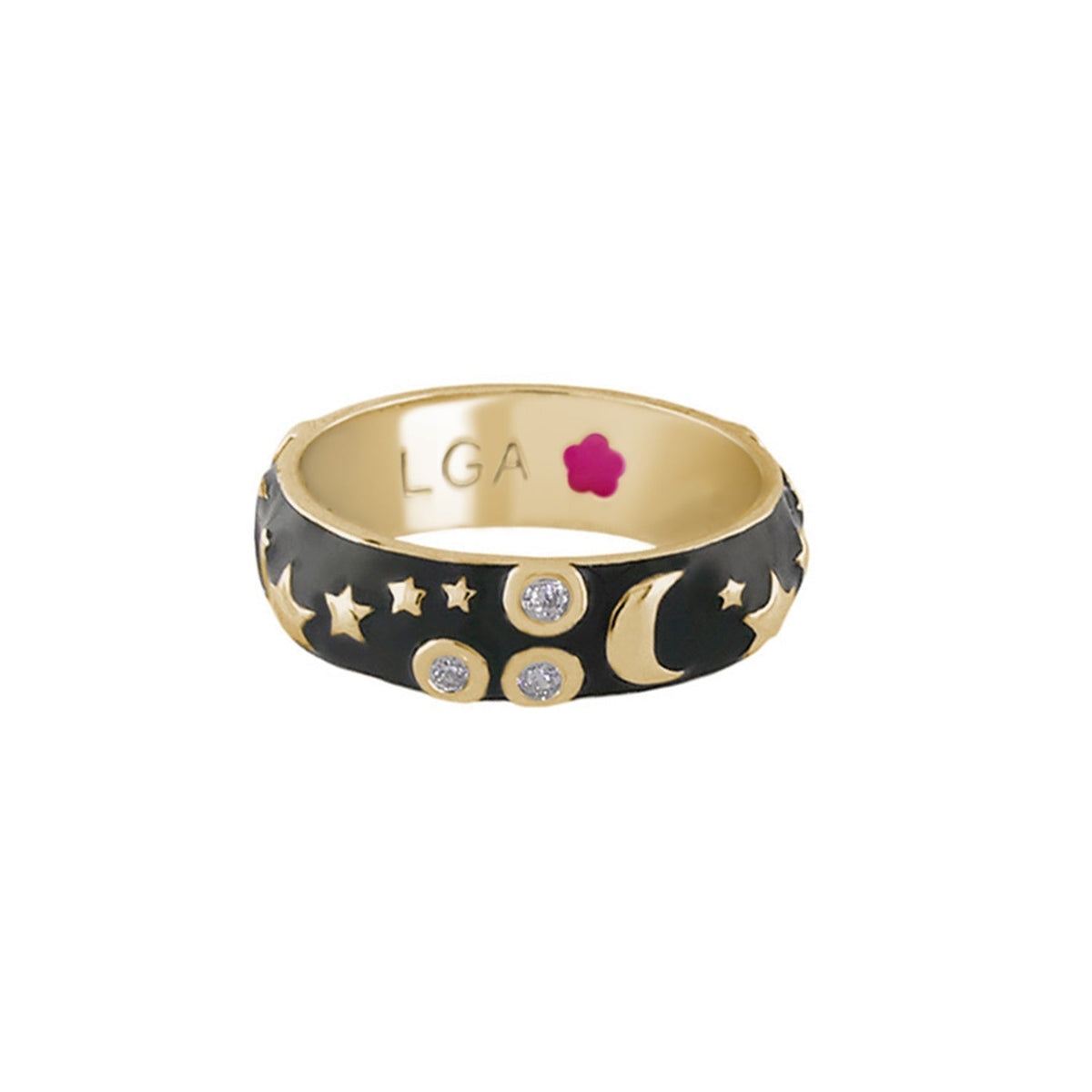 Stars of Night Stackable Ring by Lauren G Adams, black enamel band with gold moon/star motifs on Tampa Home & Garden Store