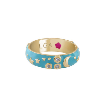 Stars of Night Stackable Ring by Lauren G Adams - turquoise enamel band with gold stars and moons on Tampa Home & Garden Store