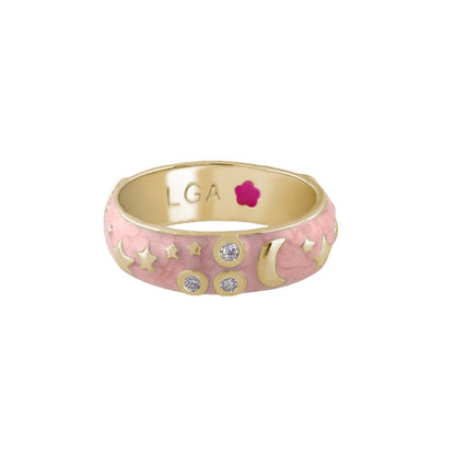 Stars of Night Stackable Ring — Wide pink enamel band with gold stars, moon and crystal accents, LGA inside on Tampa Home & Garden Store