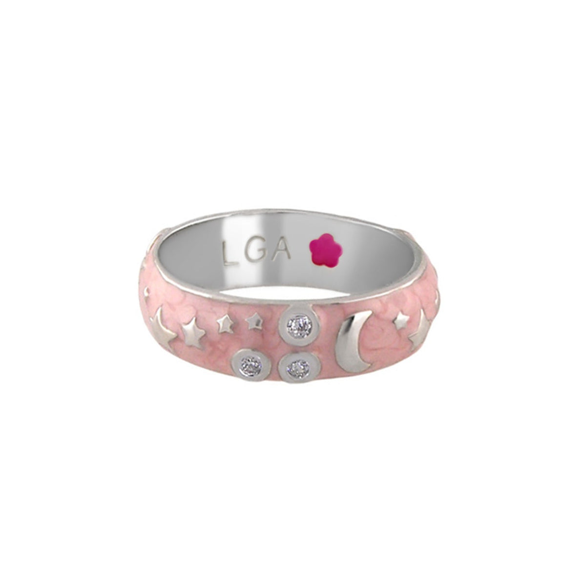 Stars of Night Stackable Ring wide pink enamel band with silver stars and moon LGA on Tampa Home & Garden Store