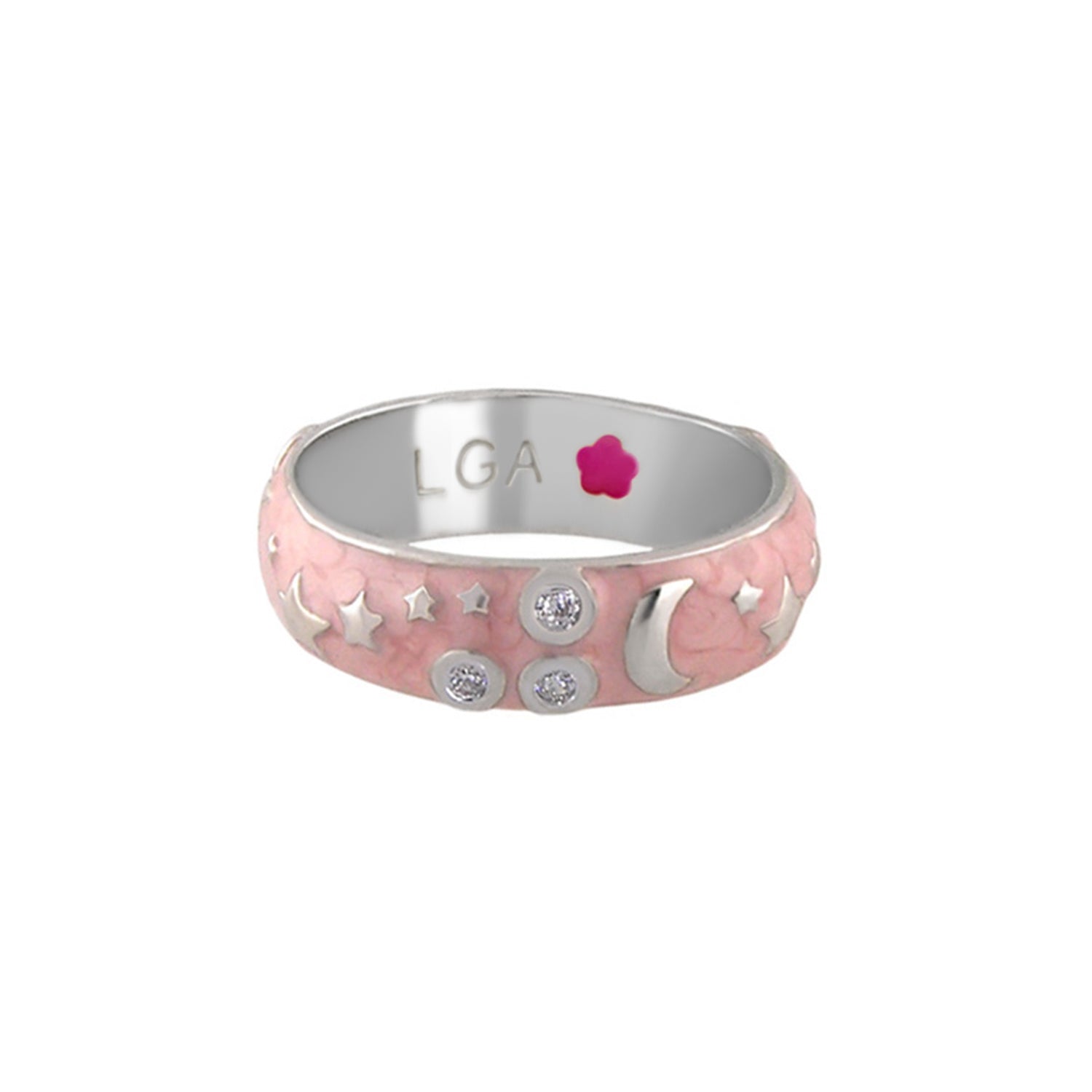 Stars of Night Stackable Ring wide pink enamel band with silver stars and moon LGA on Tampa Home & Garden Store