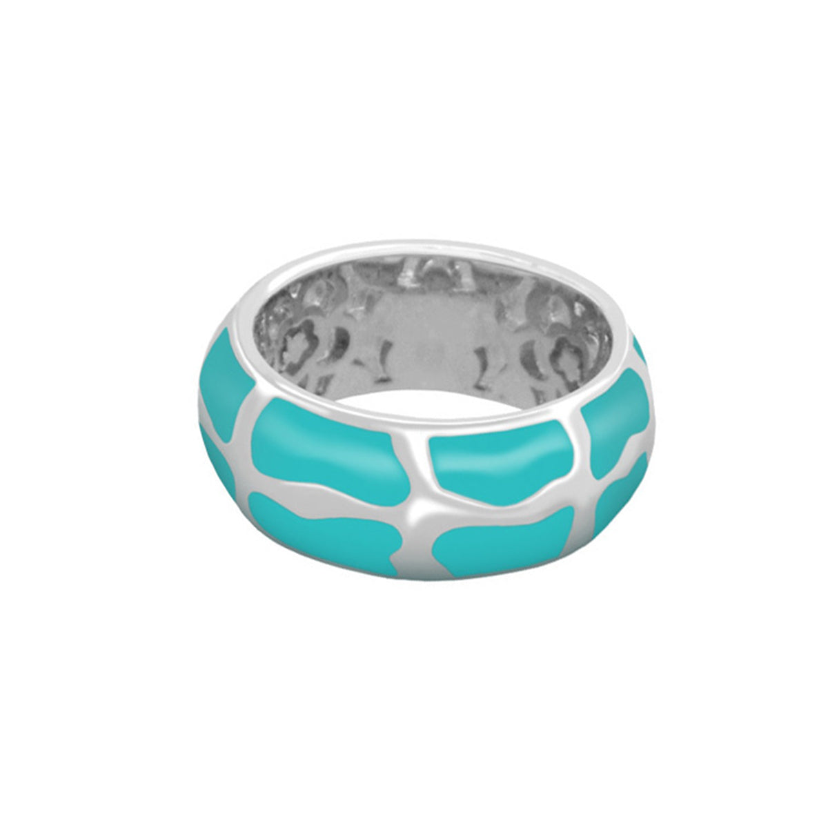 Puzzle Band Ring in turquoise enamel with silver puzzle-piece pattern, bold wide band on Tampa Home & Garden Store