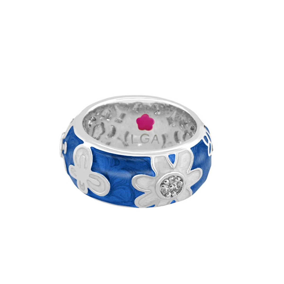 Butterfly World Ring Bold Flower blue enamel band with white flower motifs and pink accent on Tampa Home & Garden Store