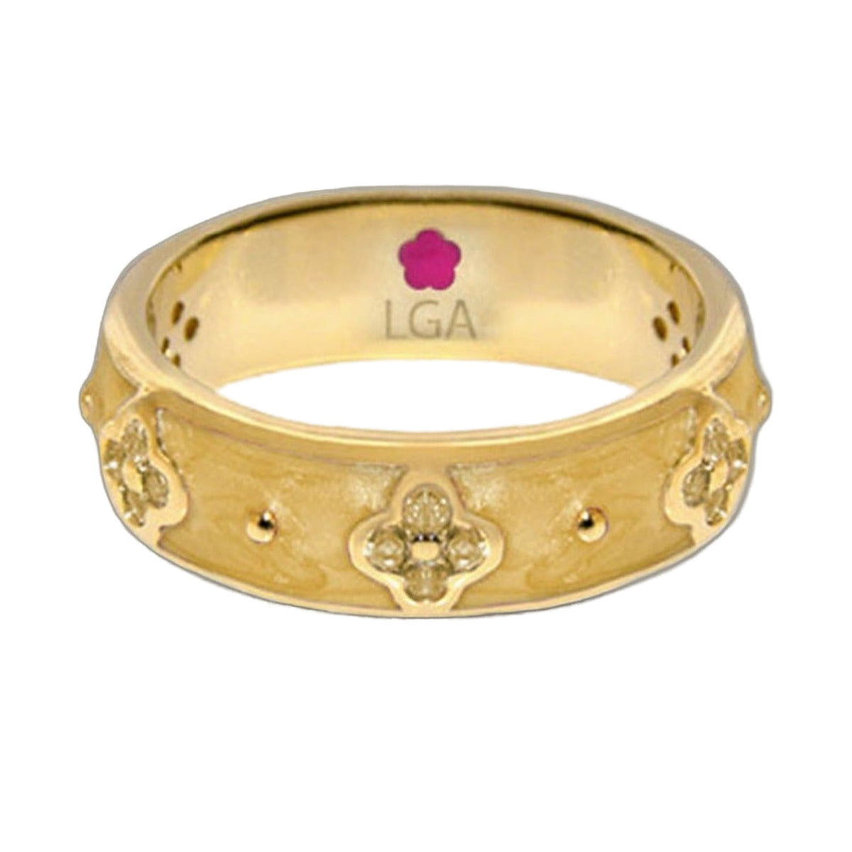 Clover and Clover ring by Lauren G Adams, gold-tone stackable with clover motif LGA inside on Tampa Home & Garden Store