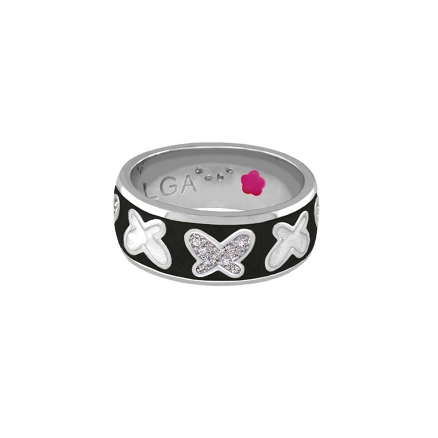 Band ring Butterfly World Ring Wide Pavé Butterfly by Lauren G Adams with black enamel motifs on Tampa Home & Garden Store