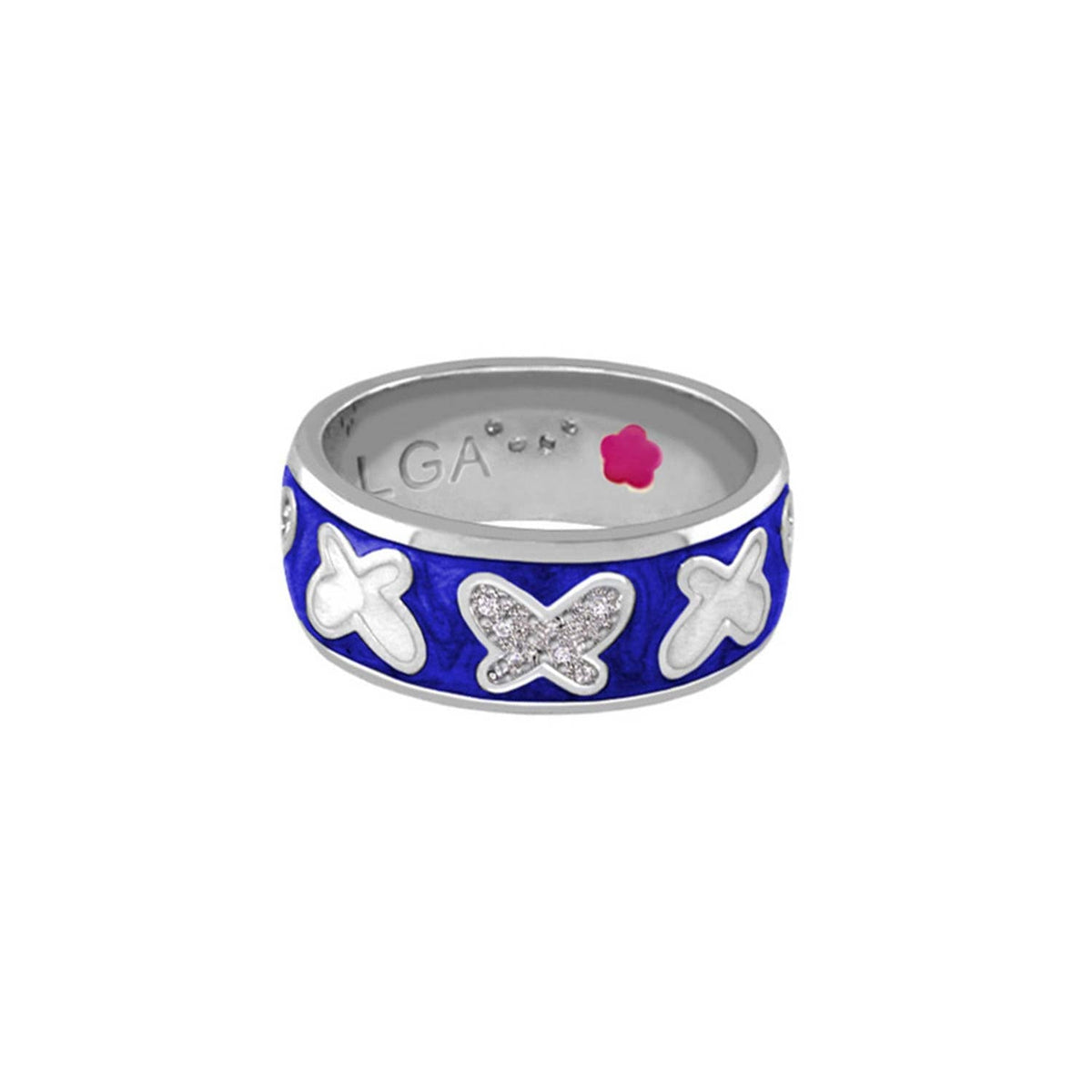 Butterfly World Ring by Lauren G Adams, wide pavé butterfly band ring with blue enamel and silver butterfly motifs on Tampa Home & Garden Store