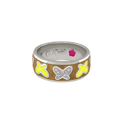 Butterfly World Ring - wide pavé butterfly band with wood-tone and yellow enamel butterflies by LGA on Tampa Home & Garden Store