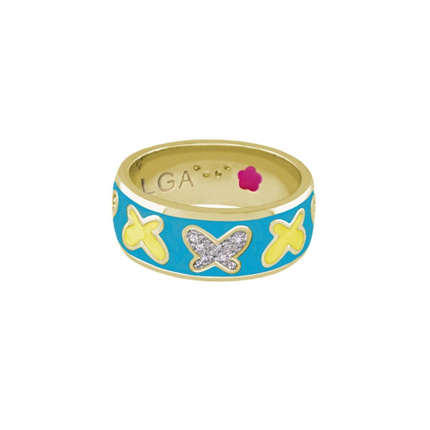 Butterfly World Ring - Wide pave butterfly, gold band with blue enamel LGA inside on Tampa Home & Garden Store