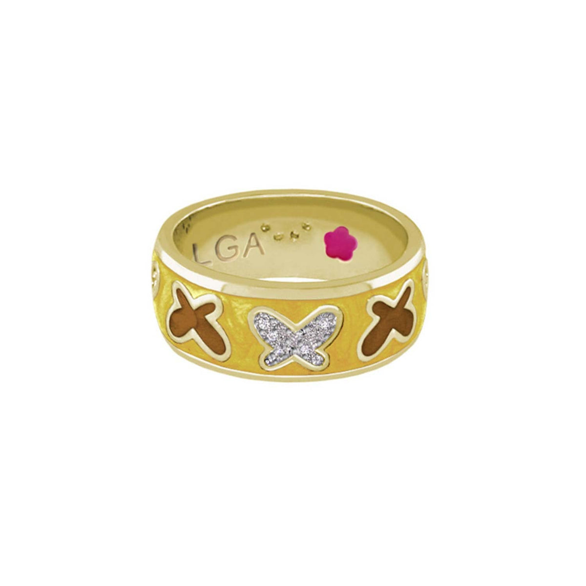 Butterfly World Ring by LGA, gold band with brown butterfly inlays and pavé diamond accent on Tampa Home & Garden Store