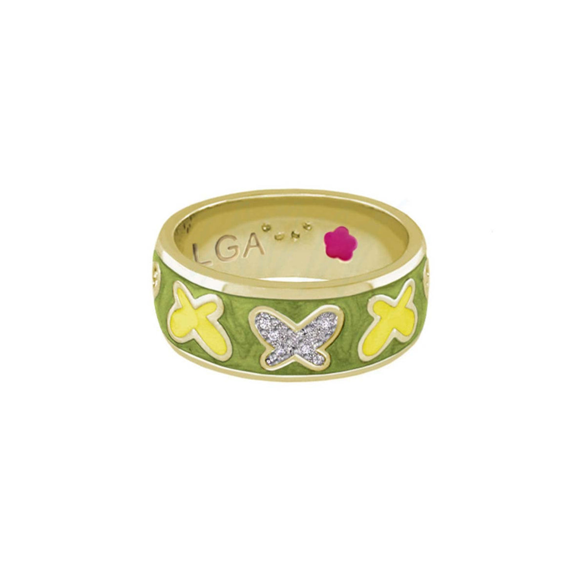 Butterfly World Ring gold band with green enamel, yellow butterflies and pavé X LGA on Tampa Home & Garden Store