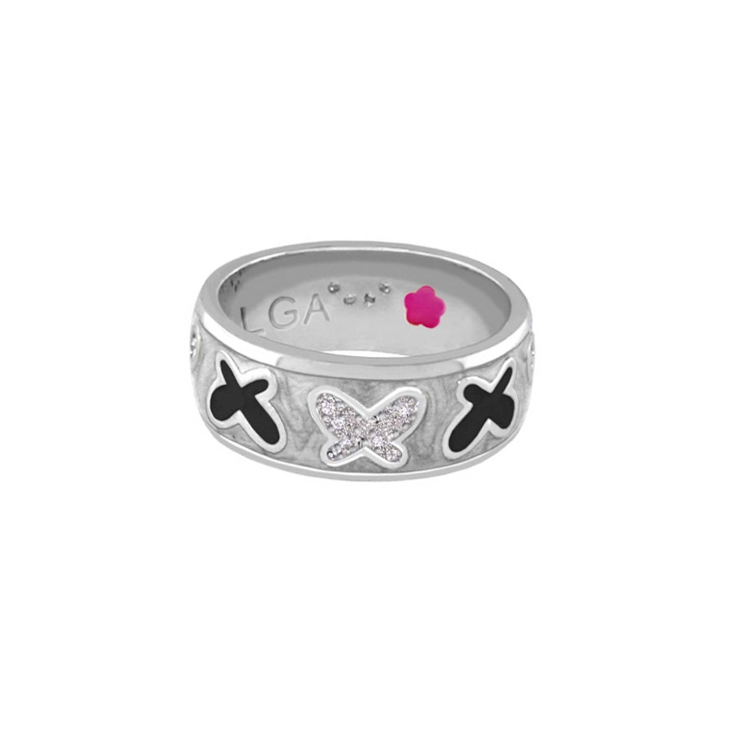 Lauren G Adams Butterfly World Ring Wide Pave Butterfly band with silver tone metal and X motifs on Tampa Home & Garden Store