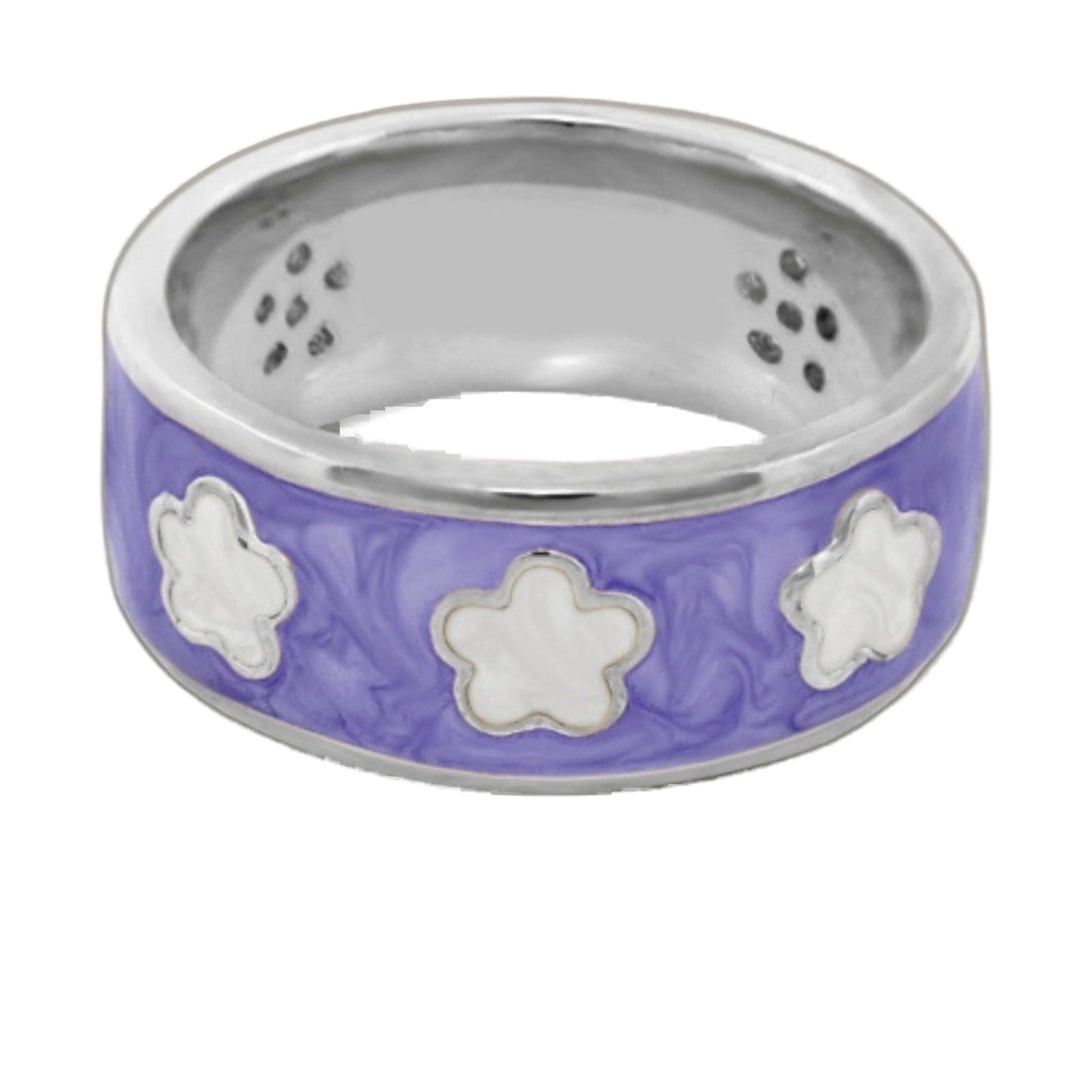Purple ceramic mug with white cloud-shaped motifs and silver rim, close-up view on Tampa Home & Garden Store