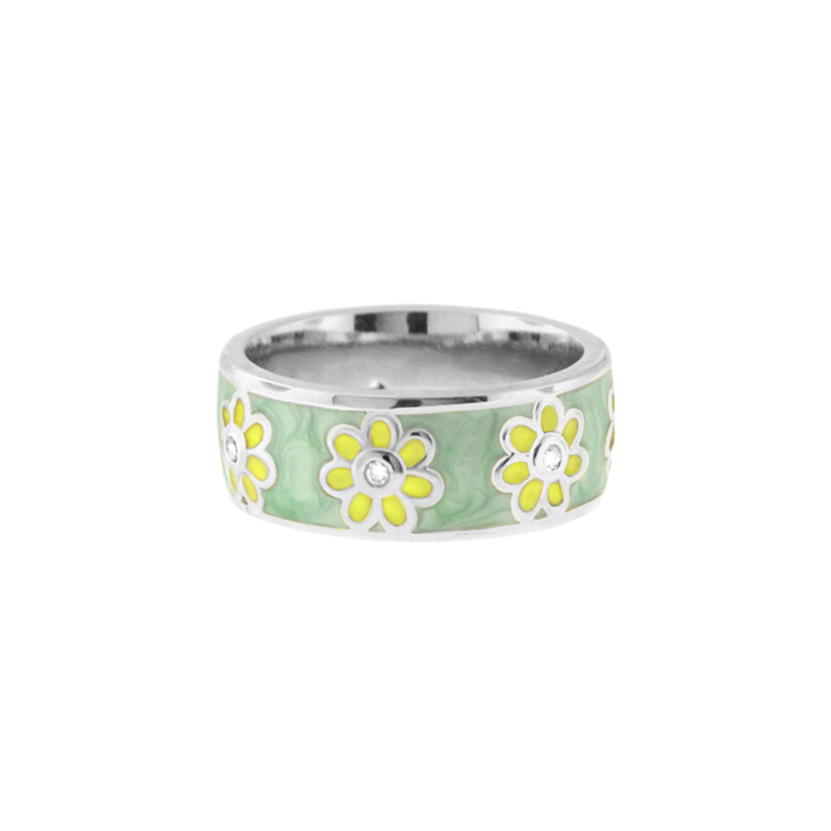 Daisy Love Band Ring open flower daisies around a green enamel band by Lauren G Adams on Tampa Home & Garden Store